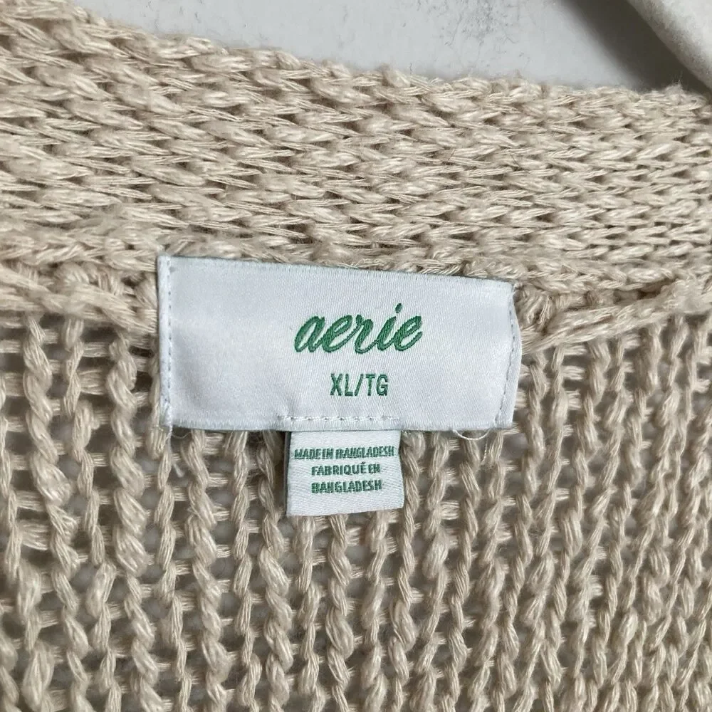 Aerie Open Knit Cardigan XL Cotton Blend Beige Boho Hippie Beach - Picture 4 of 9